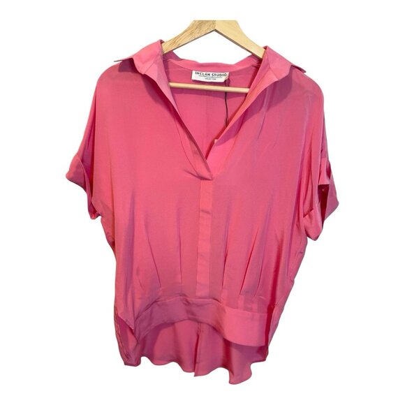 Inclan Studio Stevie Pink Top L Relaxed Fit High Low Hem Collared Silk Crepe - Picture 2 of 8
